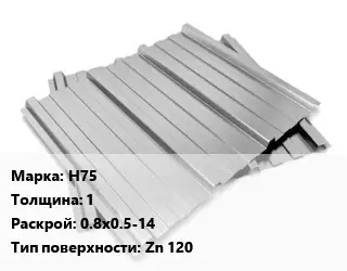 Профнастил оцинкованный Н75 s=1 0.8х0.5-14 Покрытие:Zn 120